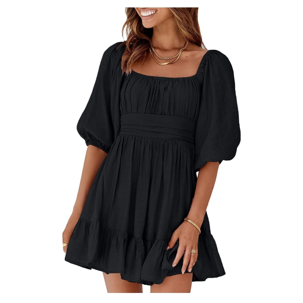 Sailed Womens Square Neck Ruffle Dress Summer Lantern Sleeve Tie Back Swing Mini